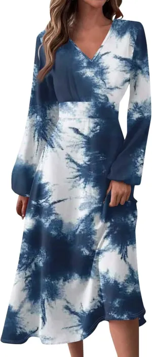 Women's Light Gradient Long Sleeve Dresses Fashion Formal V-Neck Spring Long Dress