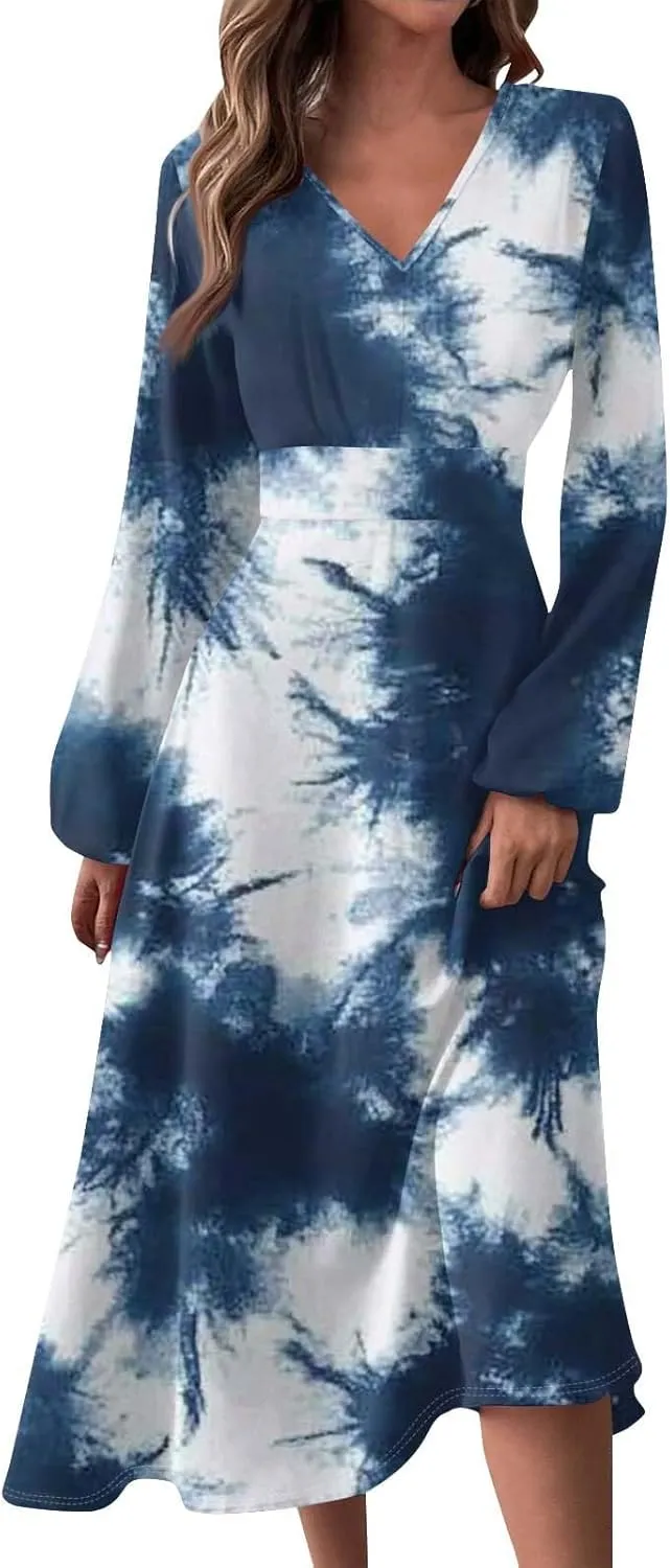Women's Light Gradient Long Sleeve Dresses Fashion Formal V-Neck Spring Long Dress