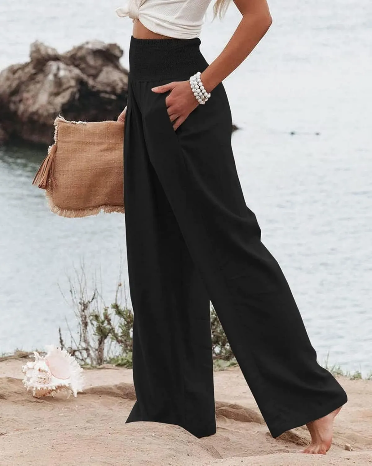 Womens Linen Palazzo Pants Boho Summer Lounge Pant Wide Leg High Waist Casual Pants Beach Travel Vacation Outfits