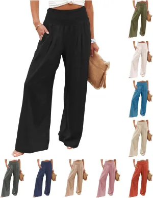 Womens Linen Palazzo Pants Boho Summer Lounge Pant Wide Leg High Waist Casual Pants Beach Travel Vacation Outfits