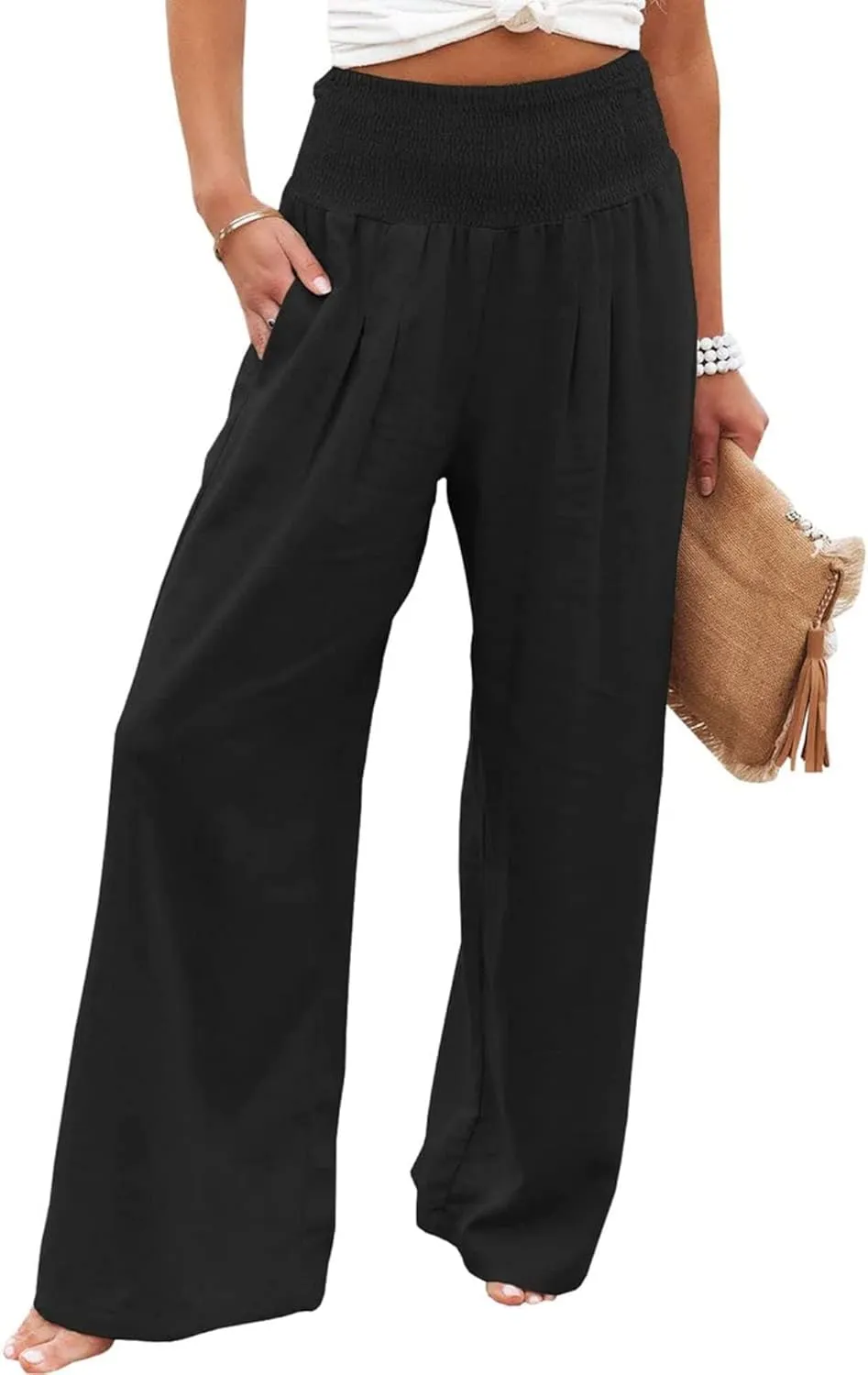 Womens Linen Palazzo Pants Boho Summer Lounge Pant Wide Leg High Waist Casual Pants Beach Travel Vacation Outfits