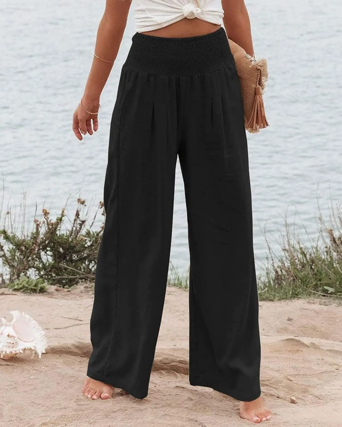 Womens Linen Palazzo Pants Boho Summer Lounge Pant Wide Leg High Waist Casual Pants Beach Travel Vacation Outfits