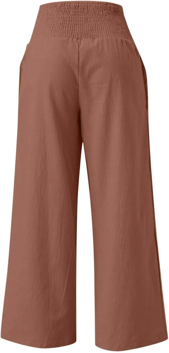 Womens Linen Pants 2025 Summer Casual Loose Wide Leg Palazzo Pants Smocked High Waist Flowy Beach Trousers Outfits