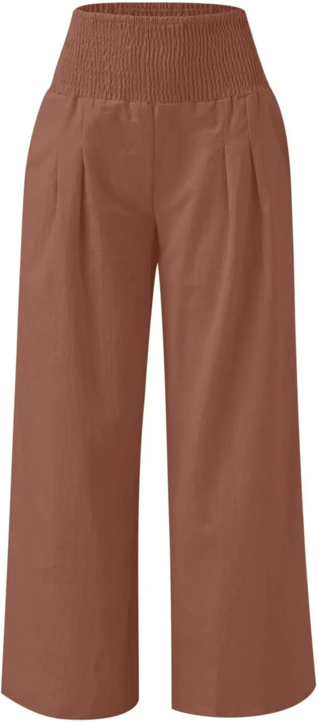 Womens Linen Pants 2025 Summer Casual Loose Wide Leg Palazzo Pants Smocked High Waist Flowy Beach Trousers Outfits