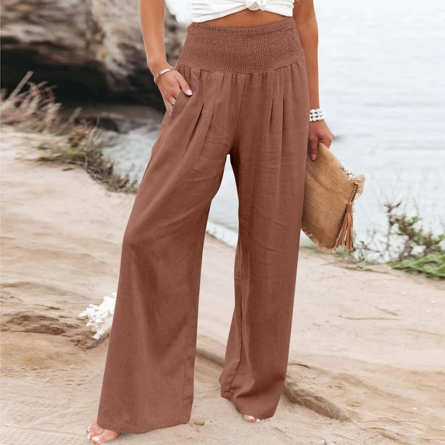 Womens Linen Pants 2025 Summer Casual Loose Wide Leg Palazzo Pants Smocked High Waist Flowy Beach Trousers Outfits