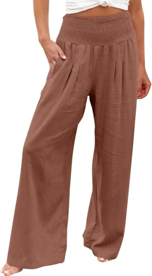 Womens Linen Pants 2025 Summer Casual Loose Wide Leg Palazzo Pants Smocked High Waist Flowy Beach Trousers Outfits
