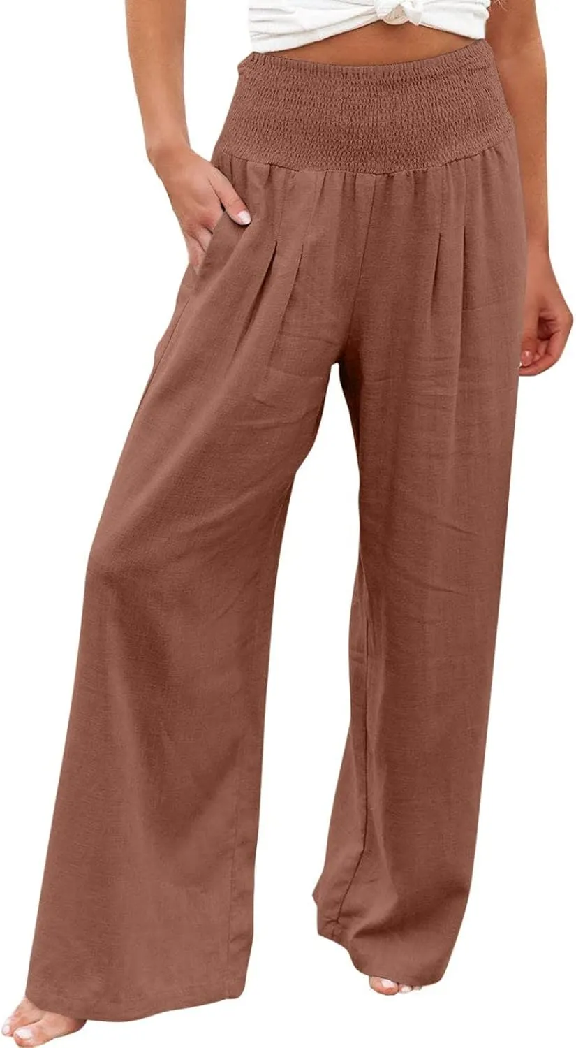 Womens Linen Pants 2025 Summer Casual Loose Wide Leg Palazzo Pants Smocked High Waist Flowy Beach Trousers Outfits