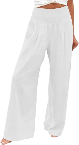 Womens Linen Wide Leg Pants Elastic High Rise Plus Size Paperbag Pants Summer Cotton Flowy Patterned Tall Yoga Pants