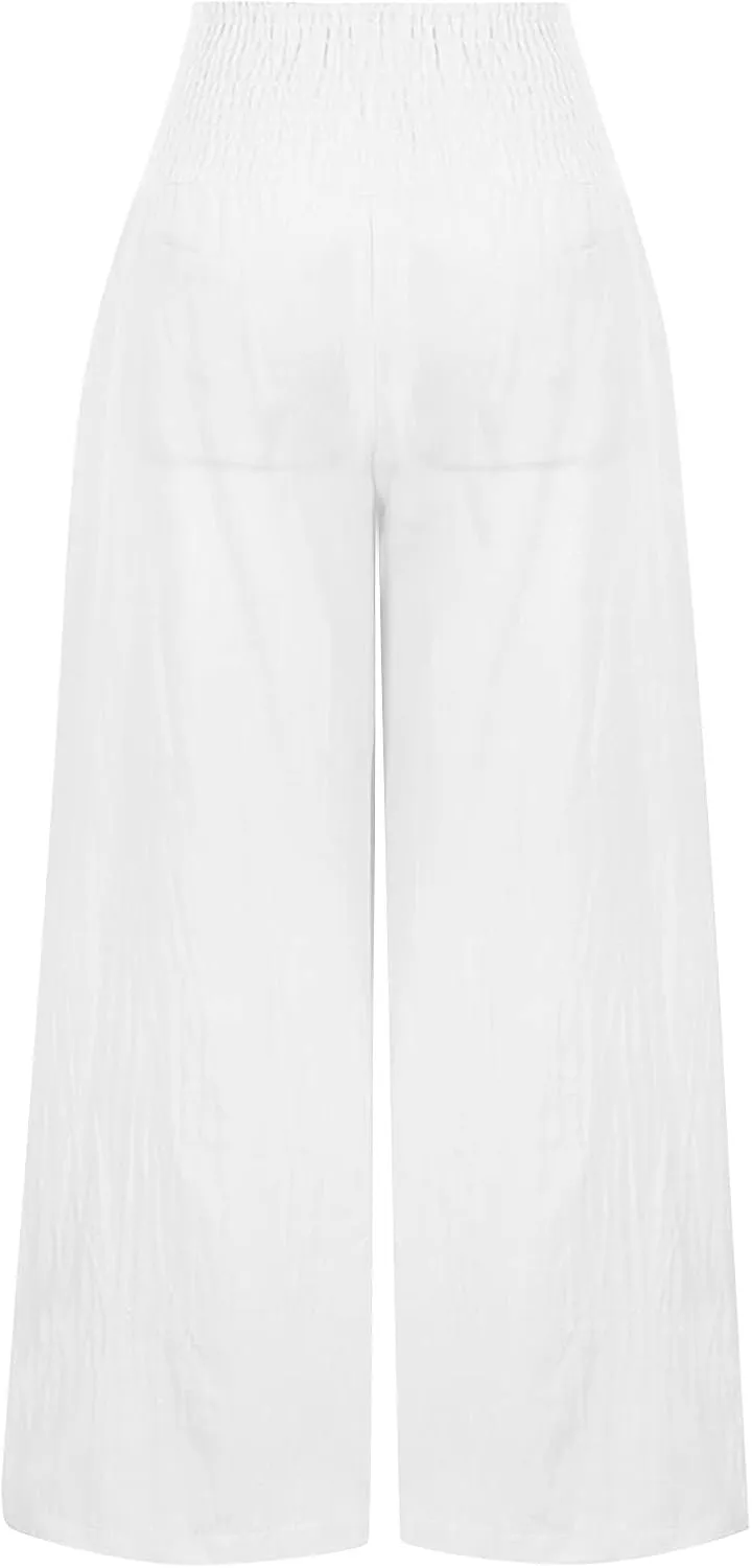 Womens Linen Wide Leg Pants Elastic High Rise Plus Size Paperbag Pants Summer Cotton Flowy Patterned Tall Yoga Pants