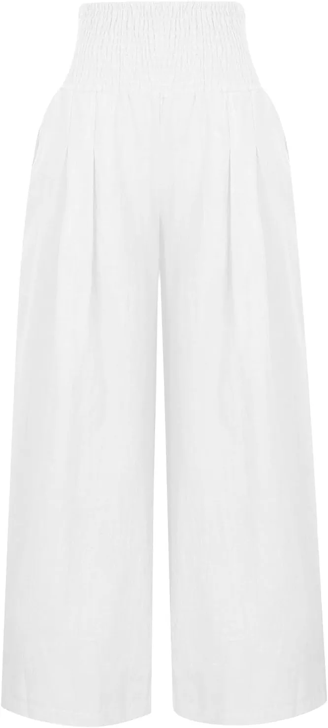 Womens Linen Wide Leg Pants Elastic High Rise Plus Size Paperbag Pants Summer Cotton Flowy Patterned Tall Yoga Pants
