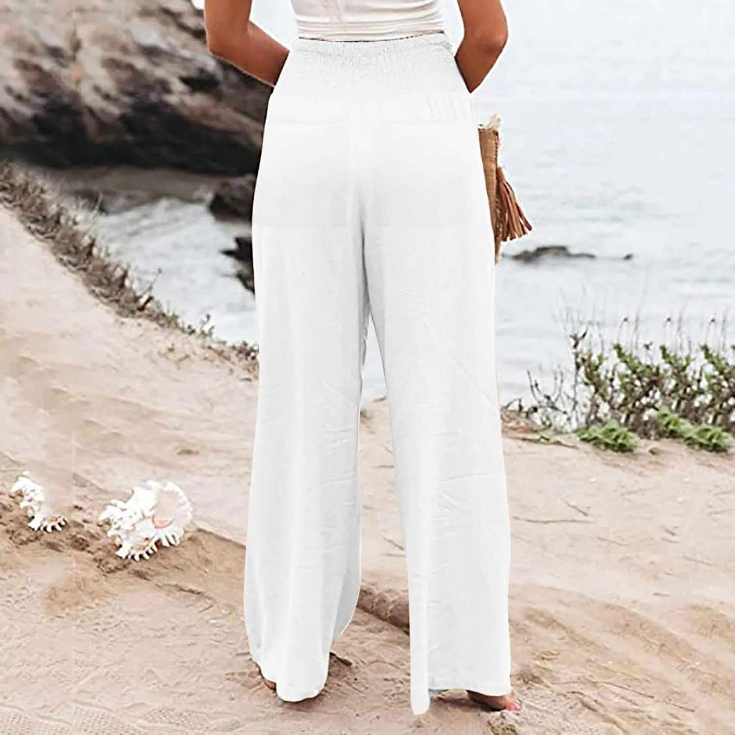 Womens Linen Wide Leg Pants Elastic High Rise Plus Size Paperbag Pants Summer Cotton Flowy Patterned Tall Yoga Pants