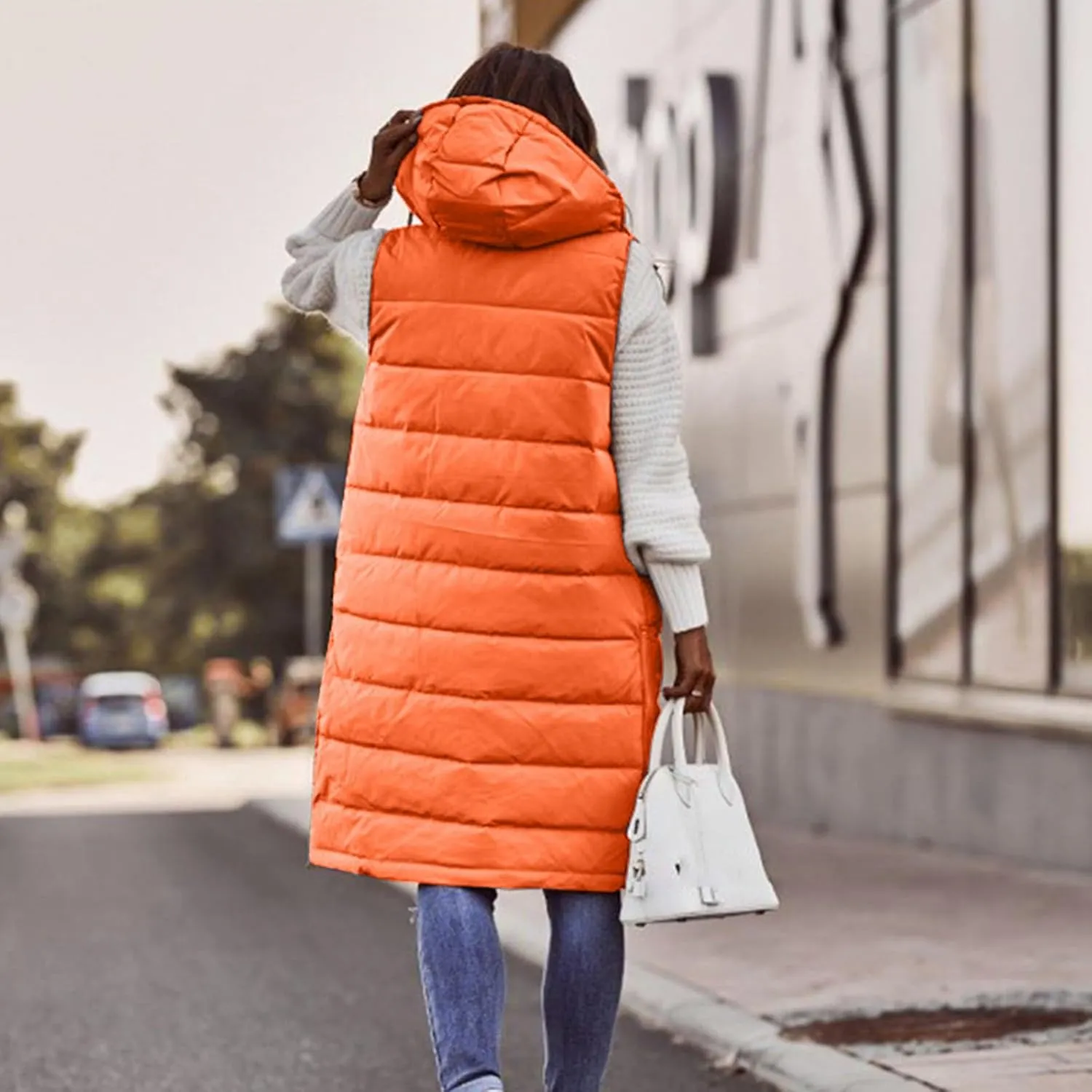 Womens Long Puffer Vest Winter Casual Sleeveless Full Zip Hooded Puffer Jacket Packable Lightweight Quilted Jacket Down Coats