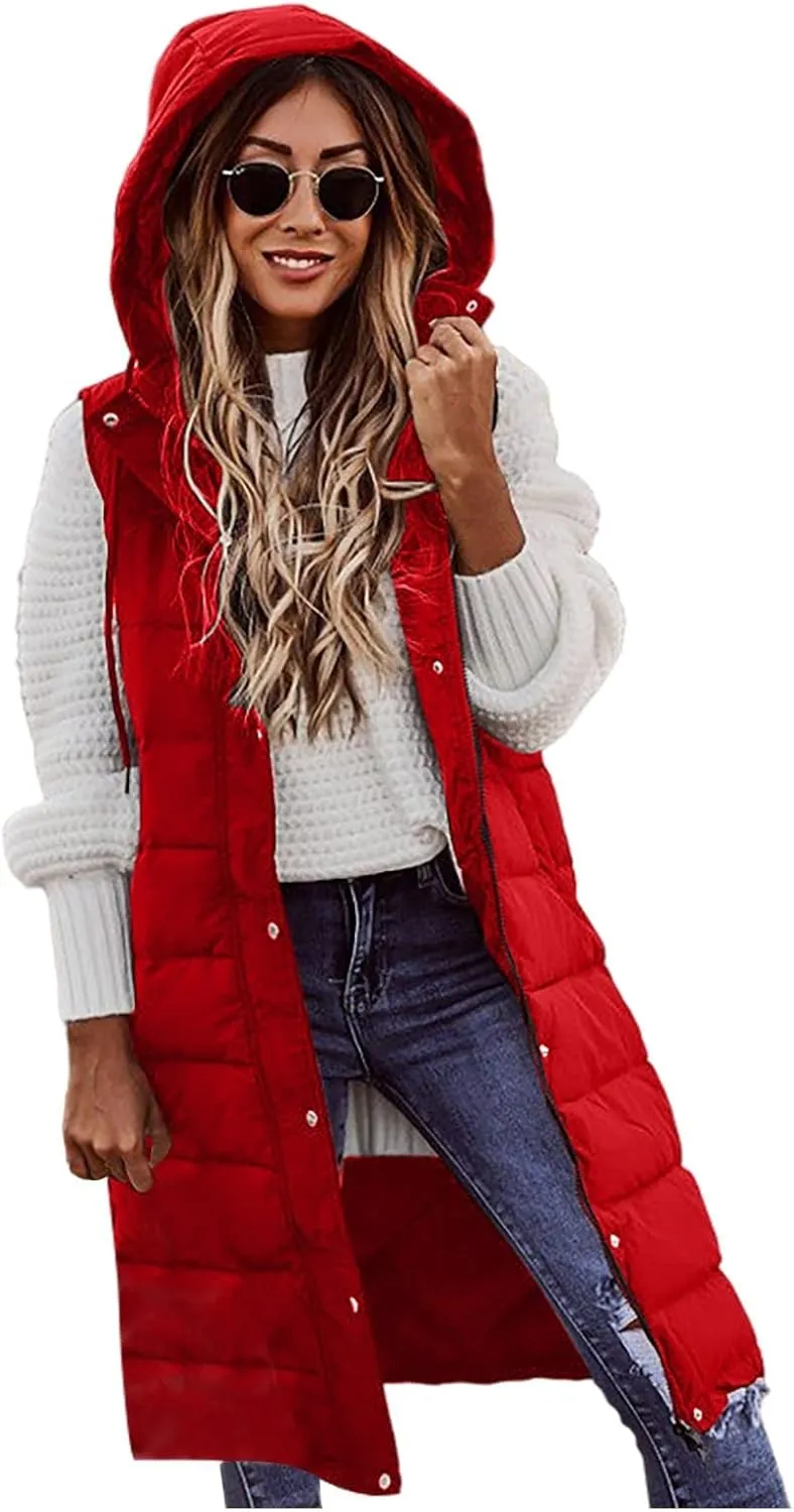 Womens Long Puffer Vest Winter Casual Sleeveless Full Zip Hooded Puffer Jacket Packable Lightweight Quilted Jacket Down Coats