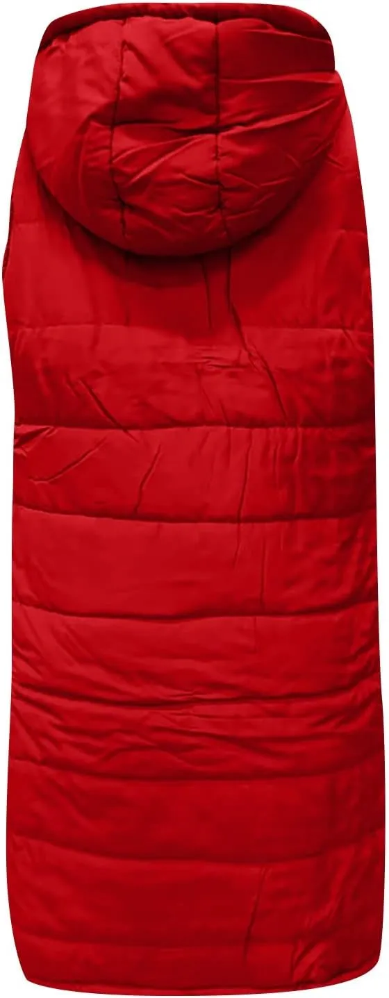 Womens Long Puffer Vest Winter Casual Sleeveless Full Zip Hooded Puffer Jacket Packable Lightweight Quilted Jacket Down Coats