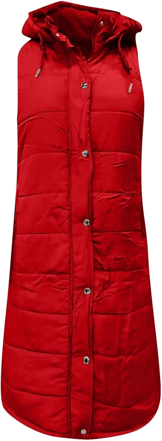 Womens Long Puffer Vest Winter Casual Sleeveless Full Zip Hooded Puffer Jacket Packable Lightweight Quilted Jacket Down Coats