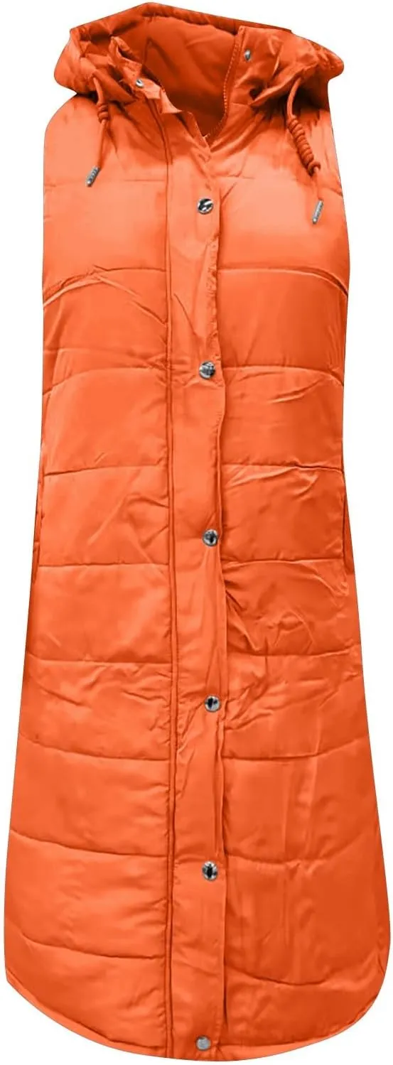 Womens Long Puffer Vest Winter Casual Sleeveless Full Zip Hooded Puffer Jacket Packable Lightweight Quilted Jacket Down Coats