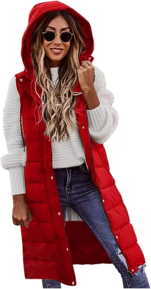 Womens Long Puffer Vest Winter Casual Sleeveless Full Zip Hooded Puffer Jacket Packable Lightweight Quilted Jacket Down Coats