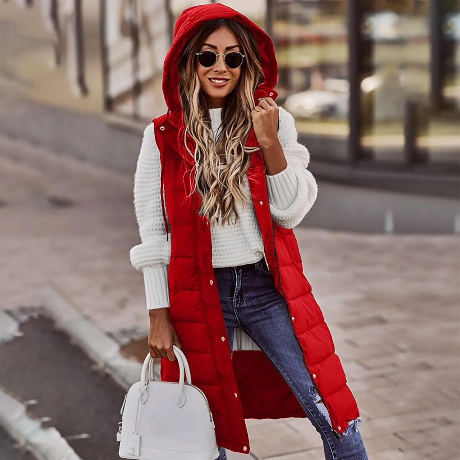 Womens Long Puffer Vest Winter Casual Sleeveless Full Zip Hooded Puffer Jacket Packable Lightweight Quilted Jacket Down Coats