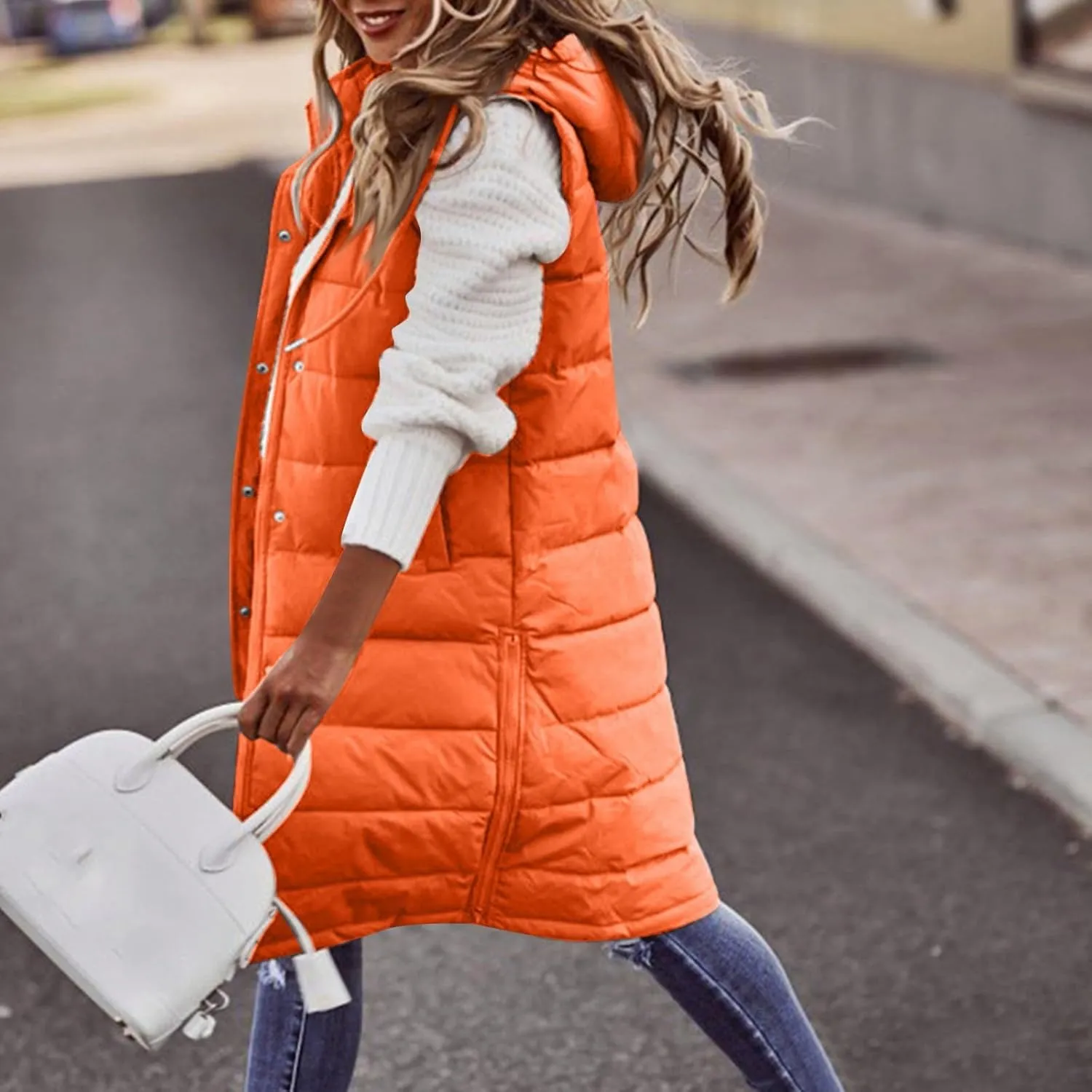 Womens Long Puffer Vest Winter Casual Sleeveless Full Zip Hooded Puffer Jacket Packable Lightweight Quilted Jacket Down Coats