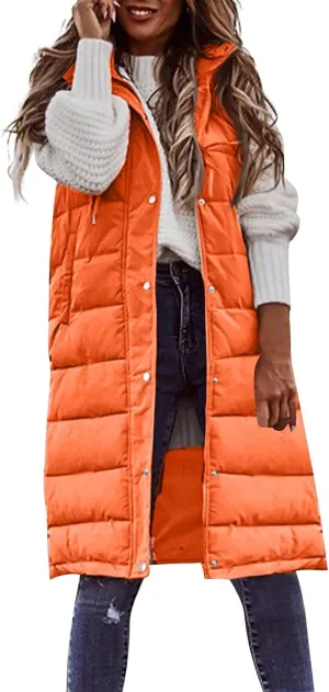 Womens Long Puffer Vest Winter Casual Sleeveless Full Zip Hooded Puffer Jacket Packable Lightweight Quilted Jacket Down Coats