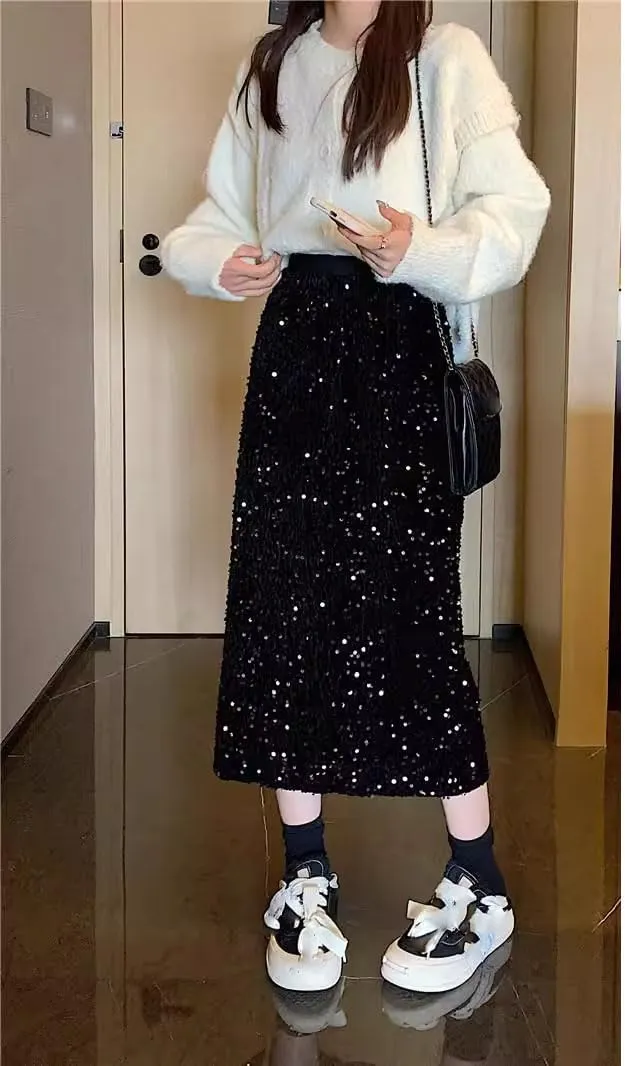 Women's Long Skirt Sequin High-Waist Spring A Line Skirts for Women