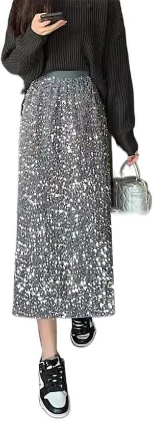 Women's Long Skirt Sequin High-Waist Spring A Line Skirts for Women