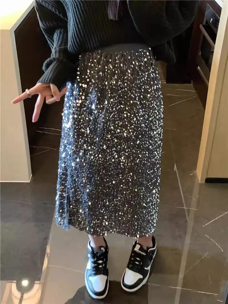 Women's Long Skirt Sequin High-Waist Spring A Line Skirts for Women