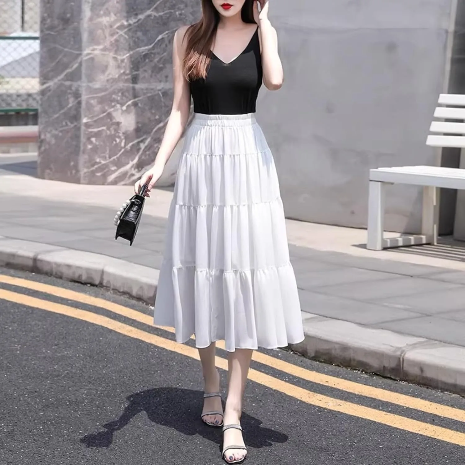 Women's Long Skirt Summer Chiffon Mid-Length A Line Skirts for Women