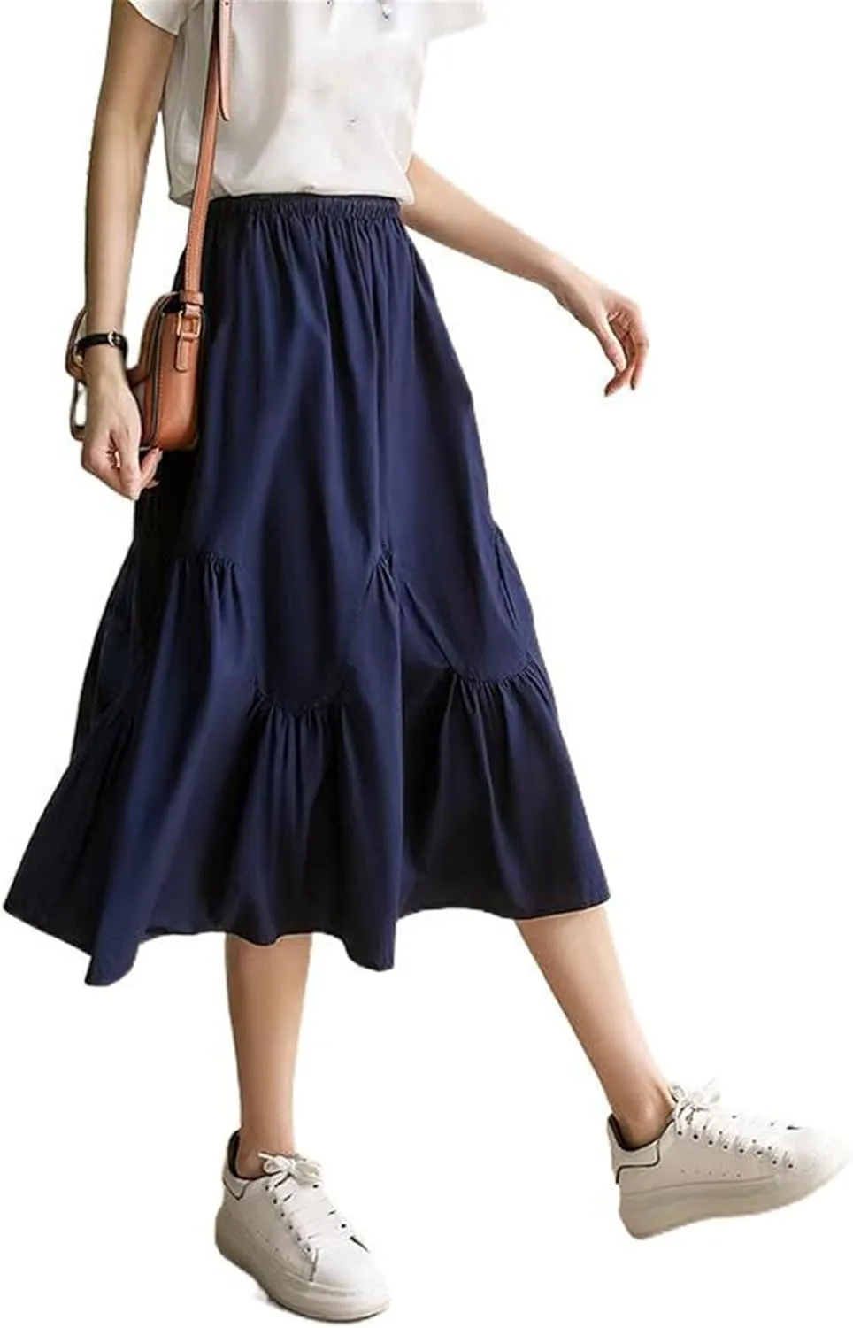 Women's Long Skirt Summer Elastic Waist Blue A Line Skirts for Women