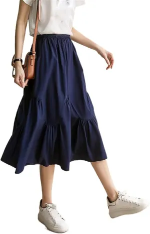 Women's Long Skirt Summer Elastic Waist Blue A Line Skirts for Women