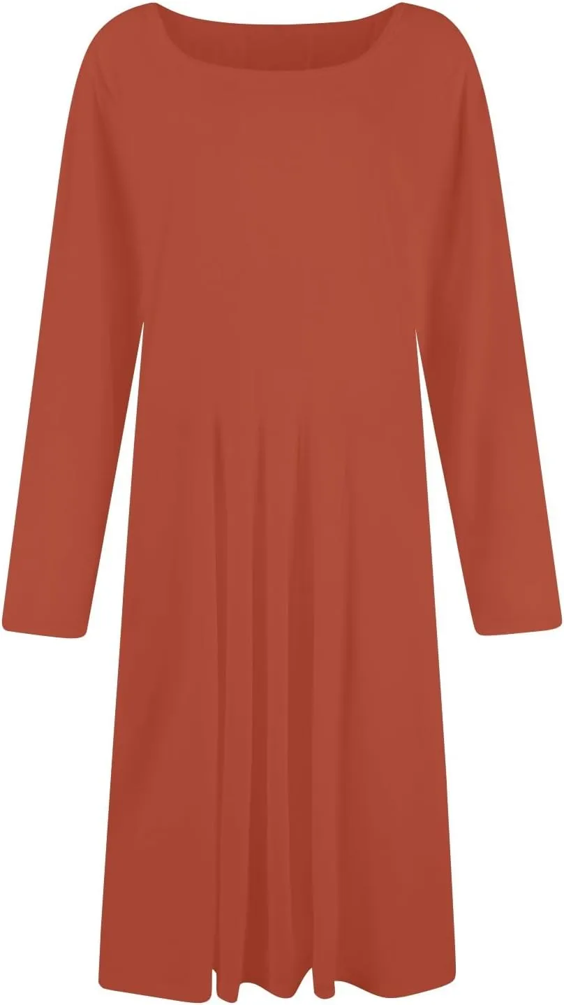 Womens Long Sleeve Aline Dresses Casual Round Neck Solid Color Tshirt Dress Fall Pleated Midi Dress