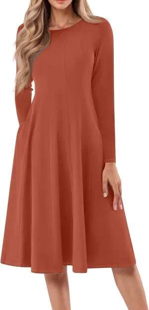 Womens Long Sleeve Aline Dresses Casual Round Neck Solid Color Tshirt Dress Fall Pleated Midi Dress