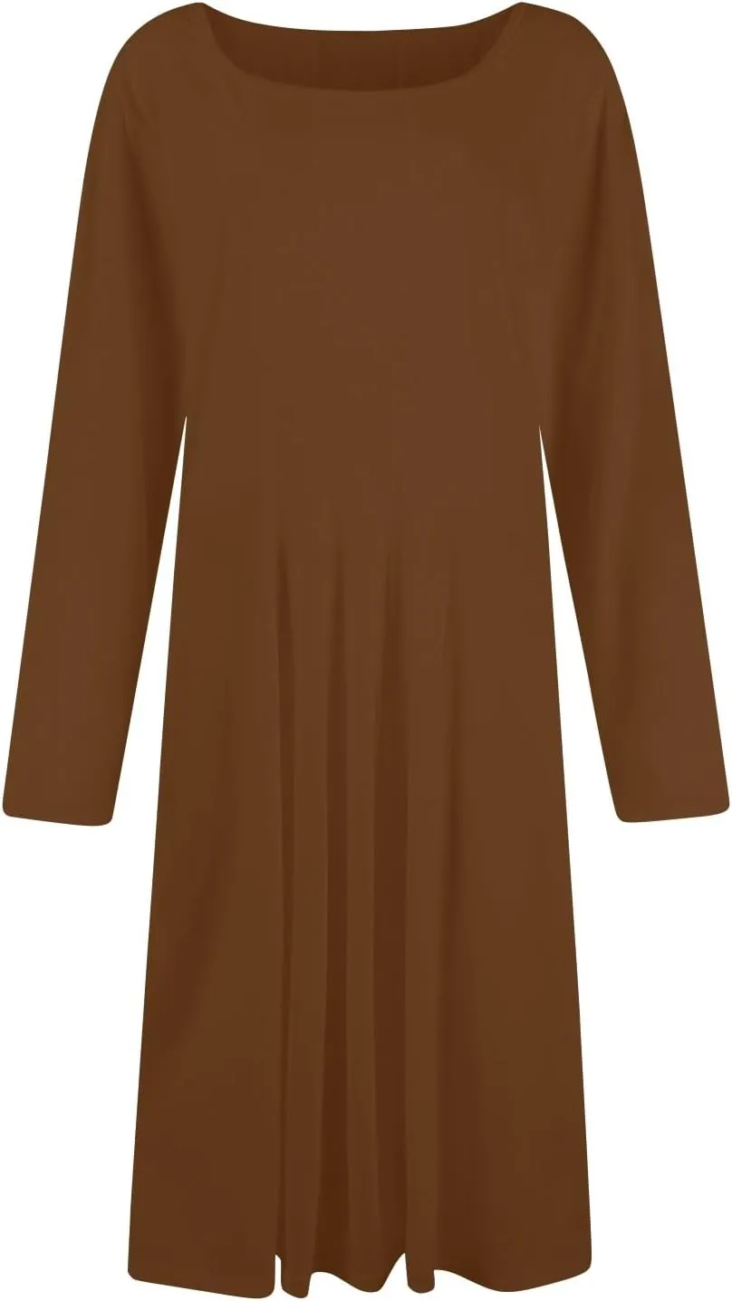 Womens Long Sleeve Aline Dresses Casual Round Neck Solid Color Tshirt Dress Fall Pleated Midi Dress