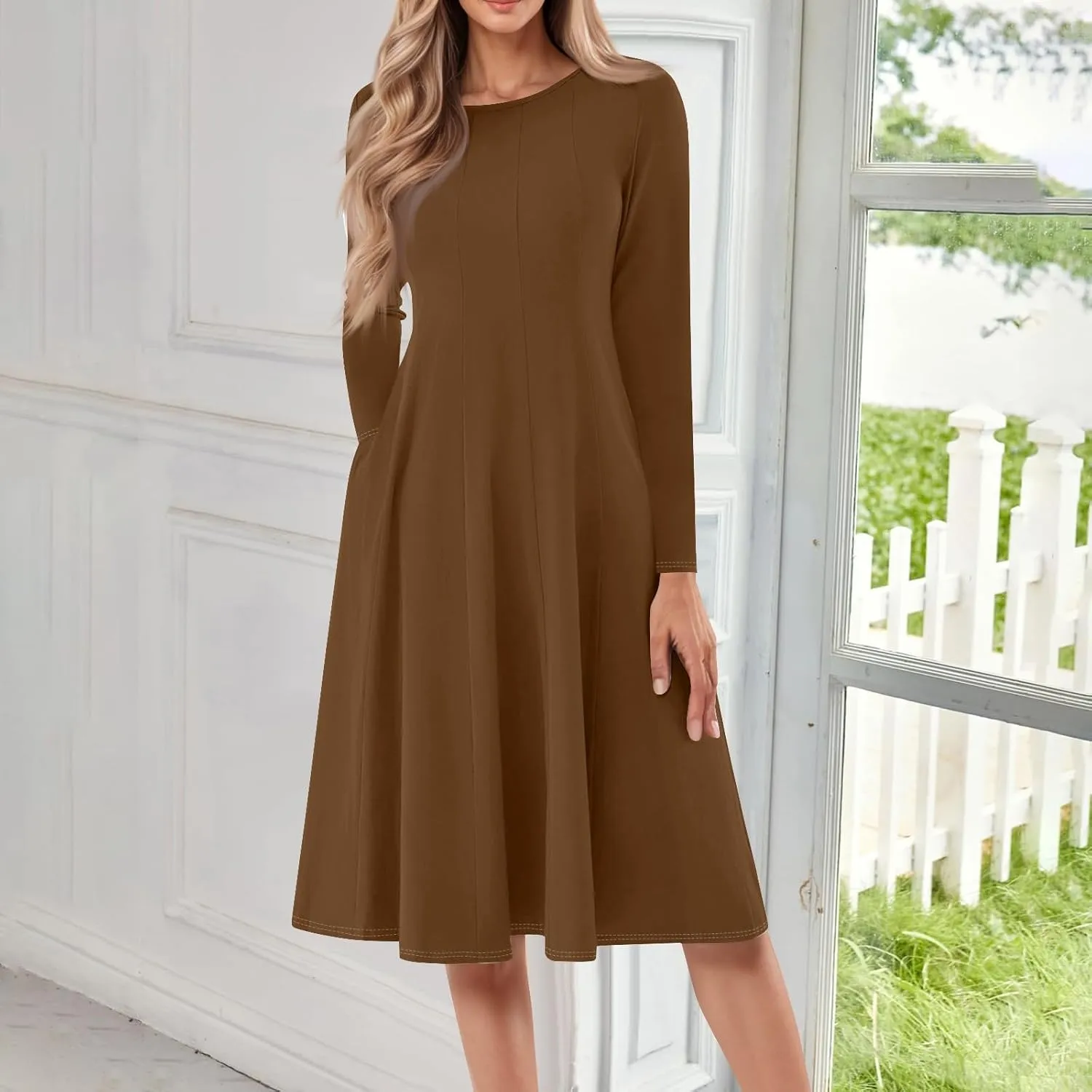 Womens Long Sleeve Aline Dresses Casual Round Neck Solid Color Tshirt Dress Fall Pleated Midi Dress