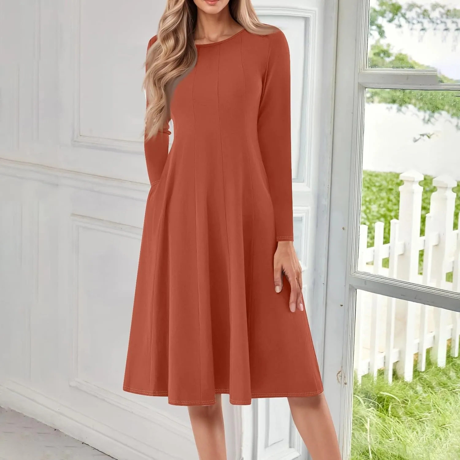 Womens Long Sleeve Aline Dresses Casual Round Neck Solid Color Tshirt Dress Fall Pleated Midi Dress