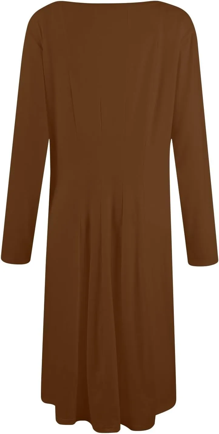 Womens Long Sleeve Aline Dresses Casual Round Neck Solid Color Tshirt Dress Fall Pleated Midi Dress