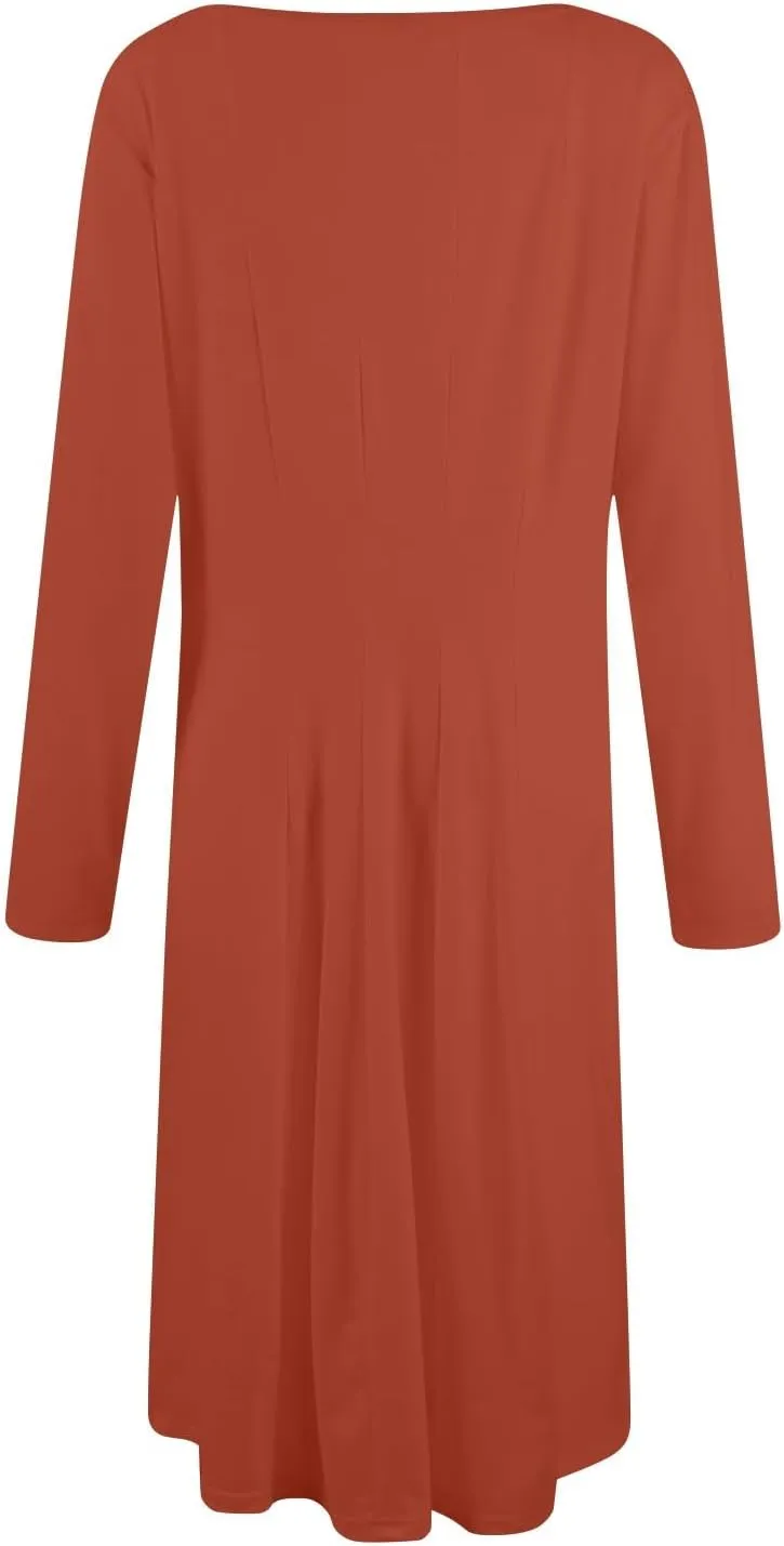 Womens Long Sleeve Aline Dresses Casual Round Neck Solid Color Tshirt Dress Fall Pleated Midi Dress