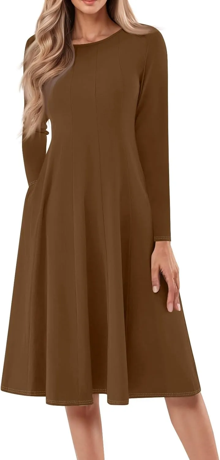 Womens Long Sleeve Aline Dresses Casual Round Neck Solid Color Tshirt Dress Fall Pleated Midi Dress