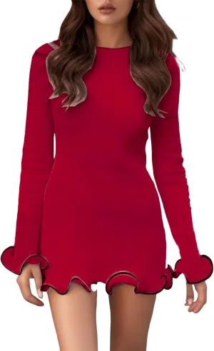 Womens Long Sleeve Dresses Bodycon Ruffle Hem Short Sweater Dress Knit Elegant Sexy Cocktail Party Club Mini Dress
