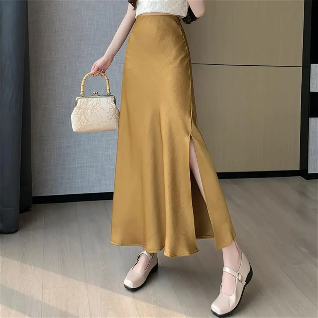 Women's Long Split High Waist Solid Color Casual A-Line Skirts