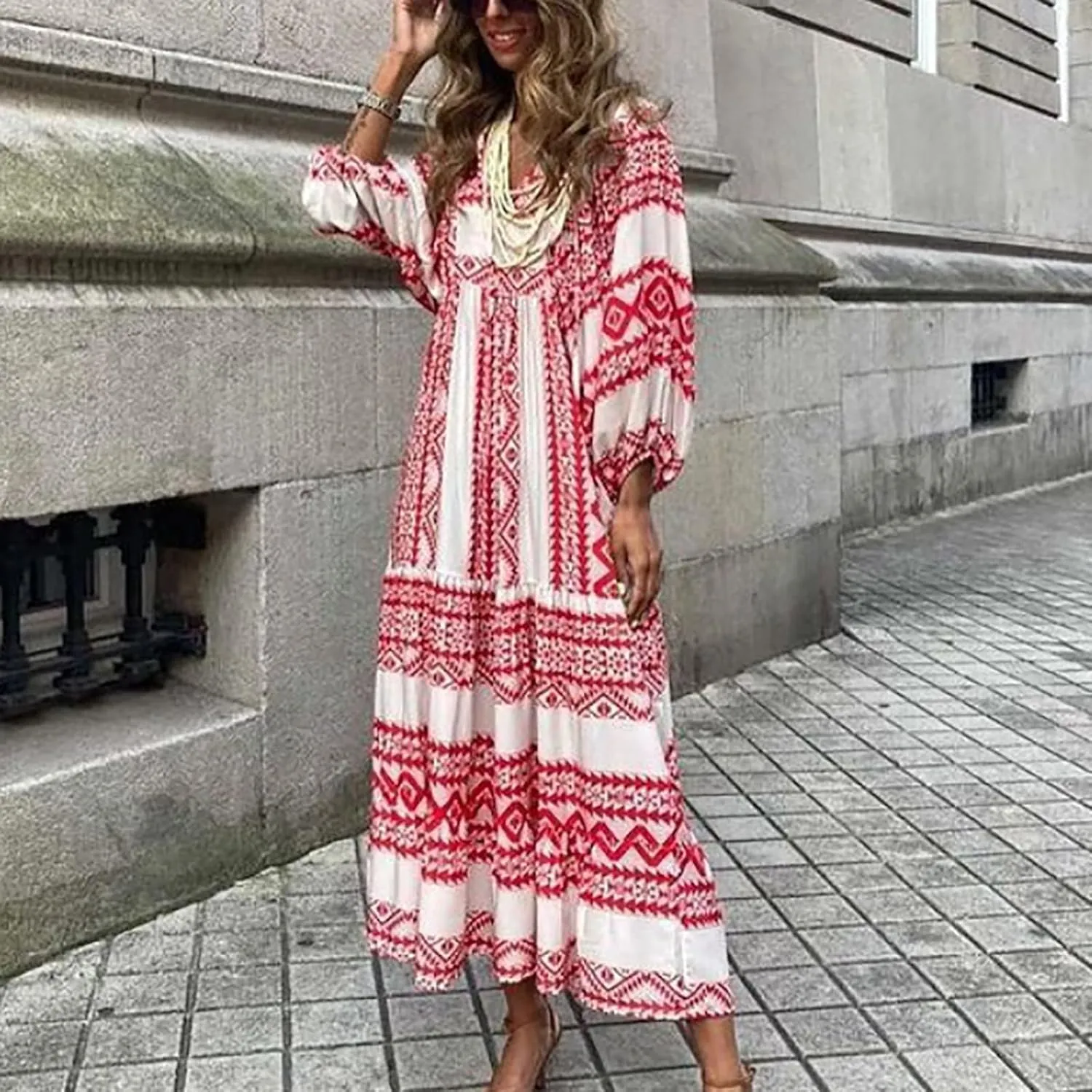Womens Loose Fit Casual Summer V Neck Dress Boho Maxi Puff Sleeve Dresses Floral Flowy Swing Beach Vacation Dress