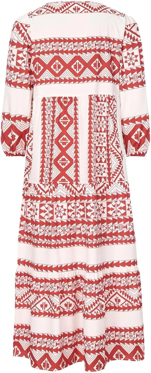Womens Loose Fit Casual Summer V Neck Dress Boho Maxi Puff Sleeve Dresses Floral Flowy Swing Beach Vacation Dress