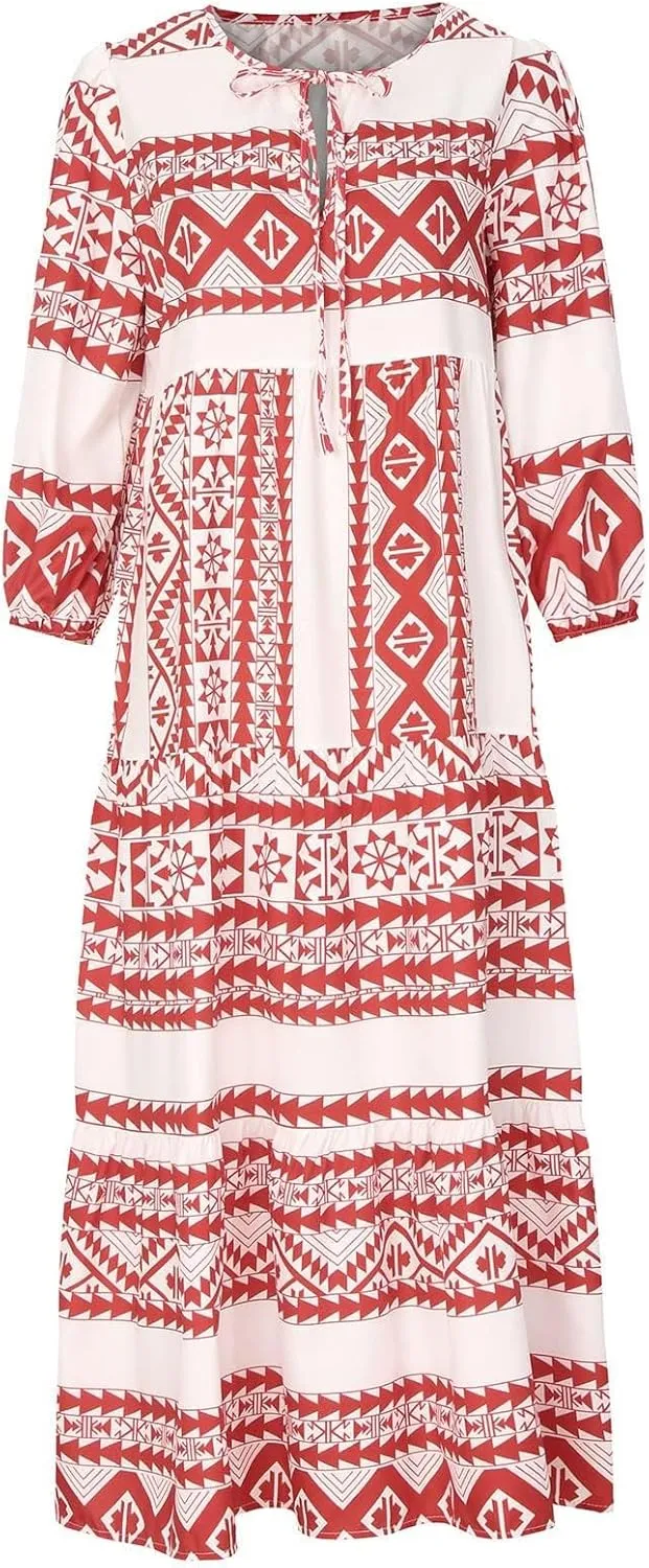 Womens Loose Fit Casual Summer V Neck Dress Boho Maxi Puff Sleeve Dresses Floral Flowy Swing Beach Vacation Dress