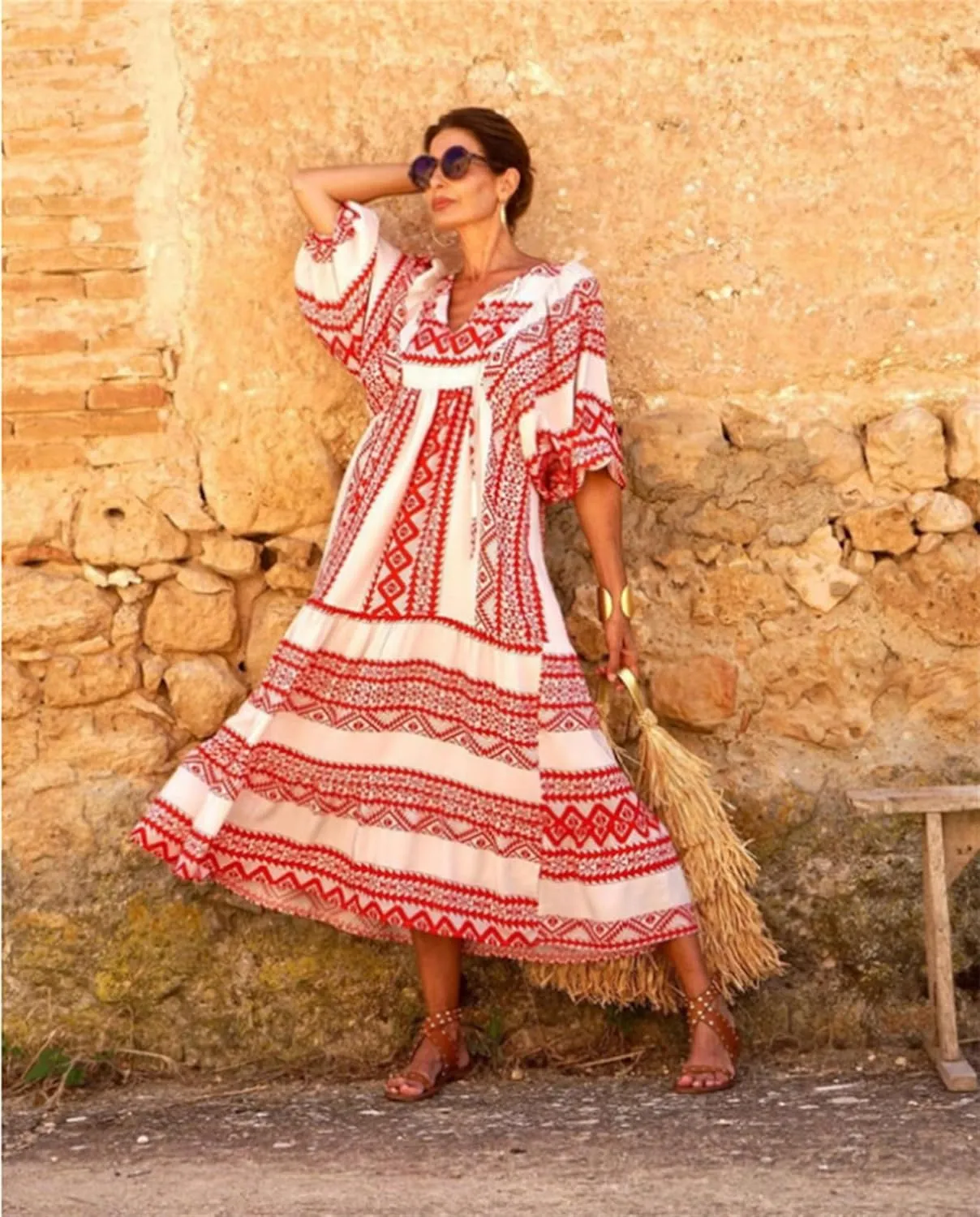 Womens Loose Fit Casual Summer V Neck Dress Boho Maxi Puff Sleeve Dresses Floral Flowy Swing Beach Vacation Dress