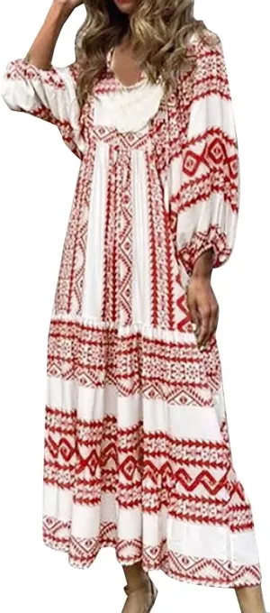Womens Loose Fit Casual Summer V Neck Dress Boho Maxi Puff Sleeve Dresses Floral Flowy Swing Beach Vacation Dress