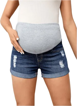 Women's Maternity Denim Shorts Colorblock High Waist Ripped Roll Up Hem Pregnancy Jean Shorts