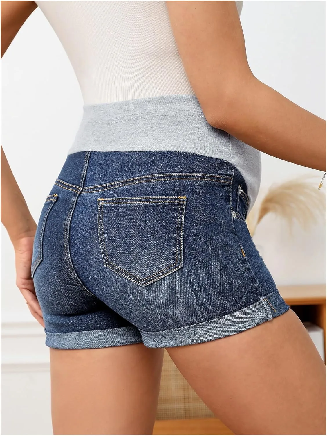Women's Maternity Denim Shorts Colorblock High Waist Ripped Roll Up Hem Pregnancy Jean Shorts