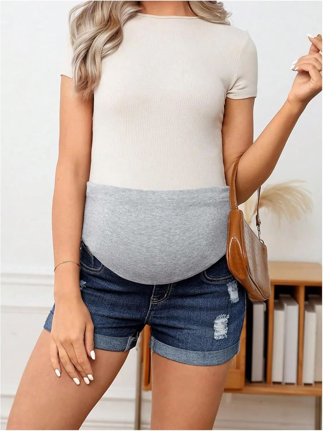 Women's Maternity Denim Shorts Colorblock High Waist Ripped Roll Up Hem Pregnancy Jean Shorts