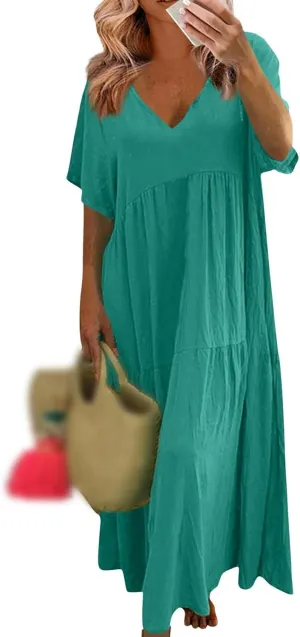 Womens Maxi Dress Summer V Neck Short Sleeve Dresses Plus Size Casual Loose Pleated Vacation Sundress Flowy Dresses