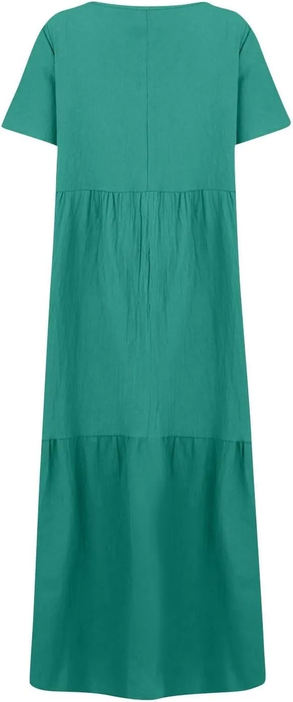 Womens Maxi Dress Summer V Neck Short Sleeve Dresses Plus Size Casual Loose Pleated Vacation Sundress Flowy Dresses